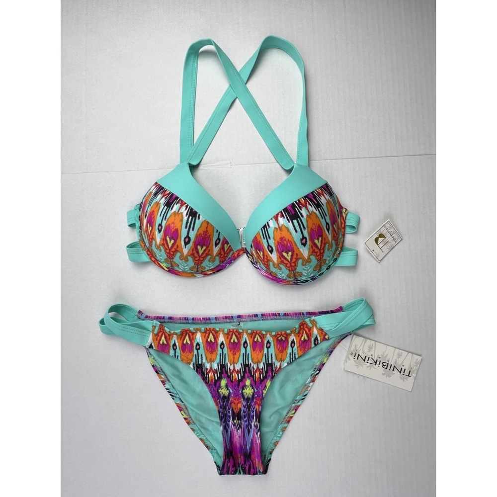 NWT! TiniBikini Set Womens M Turquoise Multicolor Tribal Print Push Up Padded